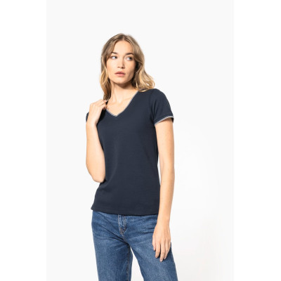 T-shirt de malha piqué de senhora com decote V