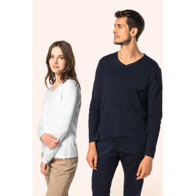 T-shirt Supima® decote V de manga comprida de senhora
