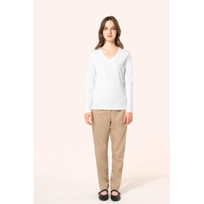 T-shirt Supima® decote V de manga comprida de senhora
