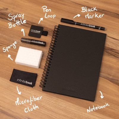 STARTER KIT INFINITEBOOK A5 PLANNER TEXTURE. Kit comprising Infinitebook with hard cover, 1 cleaning kit, 1 marker and 1 ballpoi