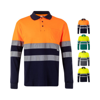 VL PLUTO LARGE. Two-tone piqué polo shirt (150g/m²) with long sleeves, in cotton (55) and polyester (45)