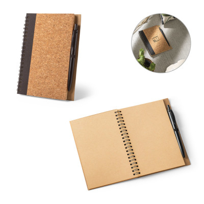 VICENTE. B6 notebook in cork and recycled polyester (100 rPET) with ballpoint pen