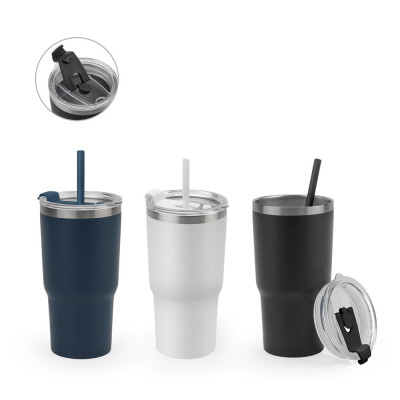 JOYNER M. Copo de viagem compacto em aço inoxidável (91 reciclado) com parede dupla isolada a vácuo e acabamento mate 600 mL