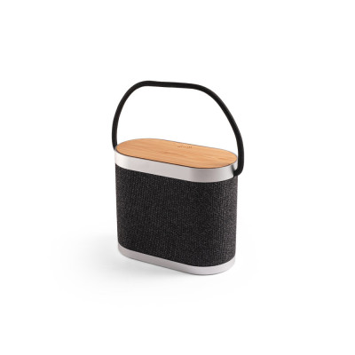GUETTA. Coluna de som portátil de 5W com carregador wireless super rápido 15W e 2h de autonomia em bambu e PET reciclado (100 rP