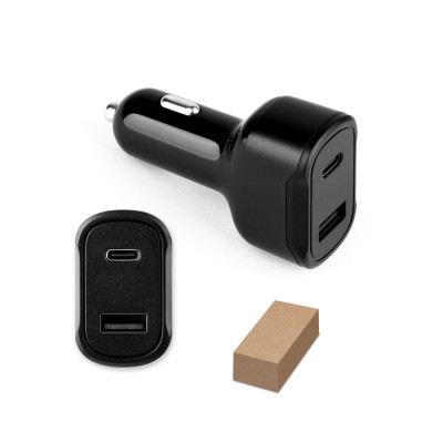 DIRAC. Cigarette lighter adapter with USB-A port 18W and USB-C 20W in recycled ABS (100 rABS)